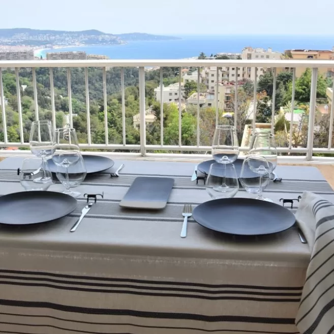 Cheap Maison Jean-Vier Nappe en lin et coton à rayures noir et écru BerrainFusain