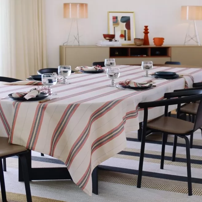 Clearance Maison Jean-Vier Nappe en lin et coton à rayures terre cuite KanboTerreCuite